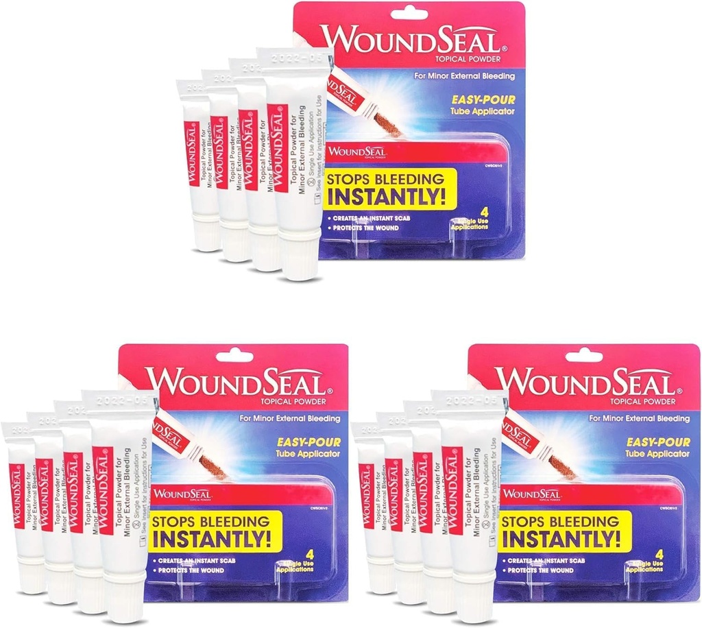 WoundSeal Powder 4 Hver (pakke af 3) - Sårpleje førstehjælp til kapper, skraber og Abraons - Stopper blødning i sekunder uden syninger eller bandager - Sikker og effektiv for folk i alle aldre og kæledyr