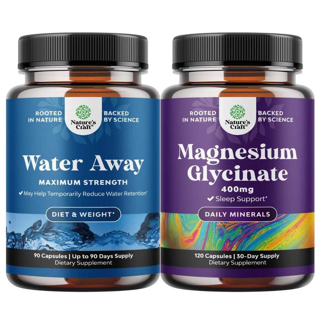 Bundle of Water Away Pills Maksimal styrke - Urte Diuretic Pills for Water Retention for Fast Active Bloating Relief og Pure Magnesium Glycinate 400mg Per Servering for Mood Sleep og Afslapning