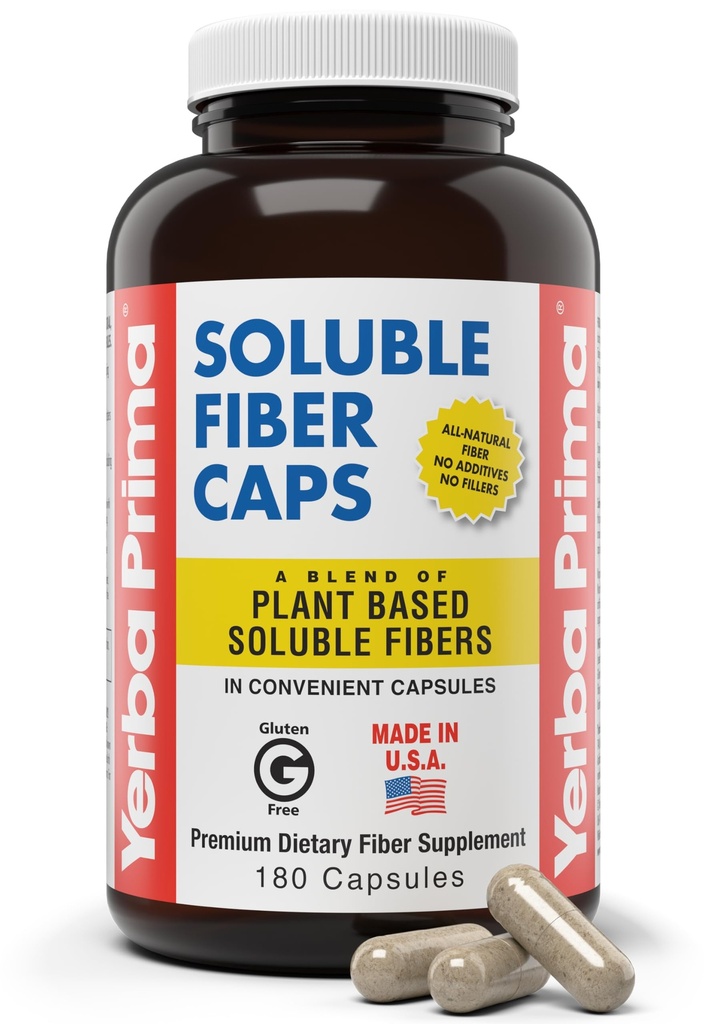 Yerba Prima Opløselige Fiber Formula Kapsler, 180 Greve - Premium Dietary Fiber Supplement, Natural, Koncentreret Opløselige Fiber, Gluten Free, Non- GMO, Lavet i USA