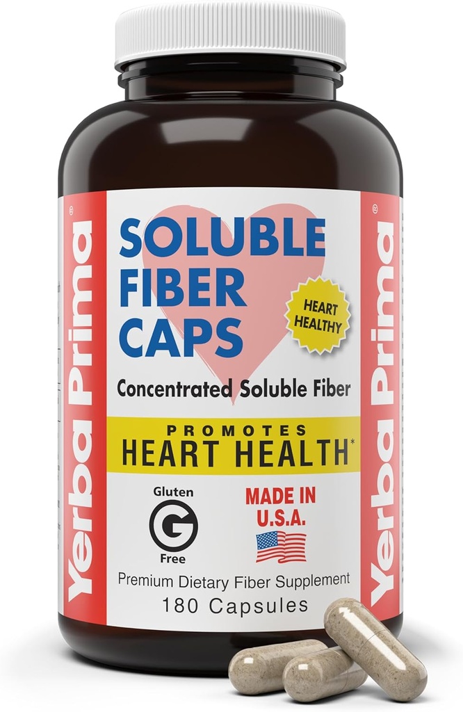 Yerba Prima Opløselige Fiber Formula Kapsler, 180 Greve - Premium Dietary Fiber Supplement, Natural, Koncentreret Opløselige Fiber, Gluten Free, Non- GMO, Lavet i USA