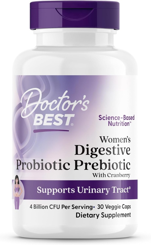 Doctor 's Best Womens fordøjelsesfremmende Prebiotic med Cranberry og PreforPro (4 milliarder CFU), Understøtter urinveje, non-GMO, Vegan 30 Veggie Caps