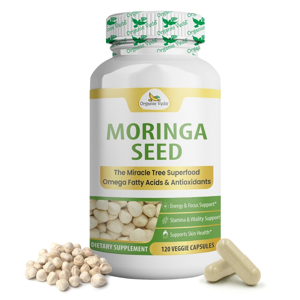 Organic Veda Moringa Seed Capsules - 100% Pure Organic Moringa Oleifera Seed Powder & Moringa Oil Omega 3 & 6, Miracle Tree Antioxidants, Vitaminer - Energi & Focus Boost til mænd og kvinder, 120 ct