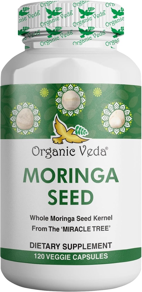 Organic Veda Moringa Seed Capsules - 100% Pure Organic Moringa Oleifera Seed Powder & Moringa Oil Omega 3 & 6, Miracle Tree Antioxidants, Vitaminer - Energi & Focus Boost til mænd og kvinder, 120 ct