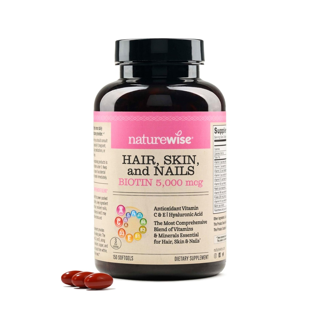 NatureWise hår hud og negle Vitamin, Biotin 5000mcg w / Hyaluronsyre, Collagen for kvinder med C, B Complex, D3, A, E, Jern - Non- GMO, Gluten Free - 150 Softgels [50- Day Supply]