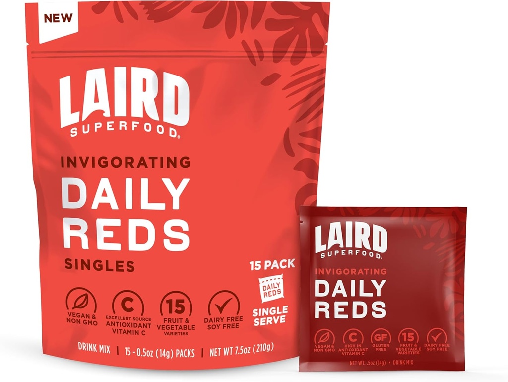 Laird Superfood Antioxident Daily Reds Powder, Free Radical Fighting Blend, C-vitamin, Mangan, 2 Servering af frugter og grøntsager Per Servering, 15 Pack