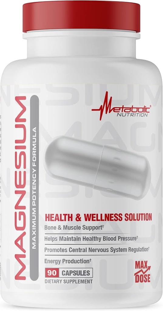 Metabolisk ernæring Magnesium, 650mg per servering, non- GMO, Vegan, Gluten Free, 90 Kapsler