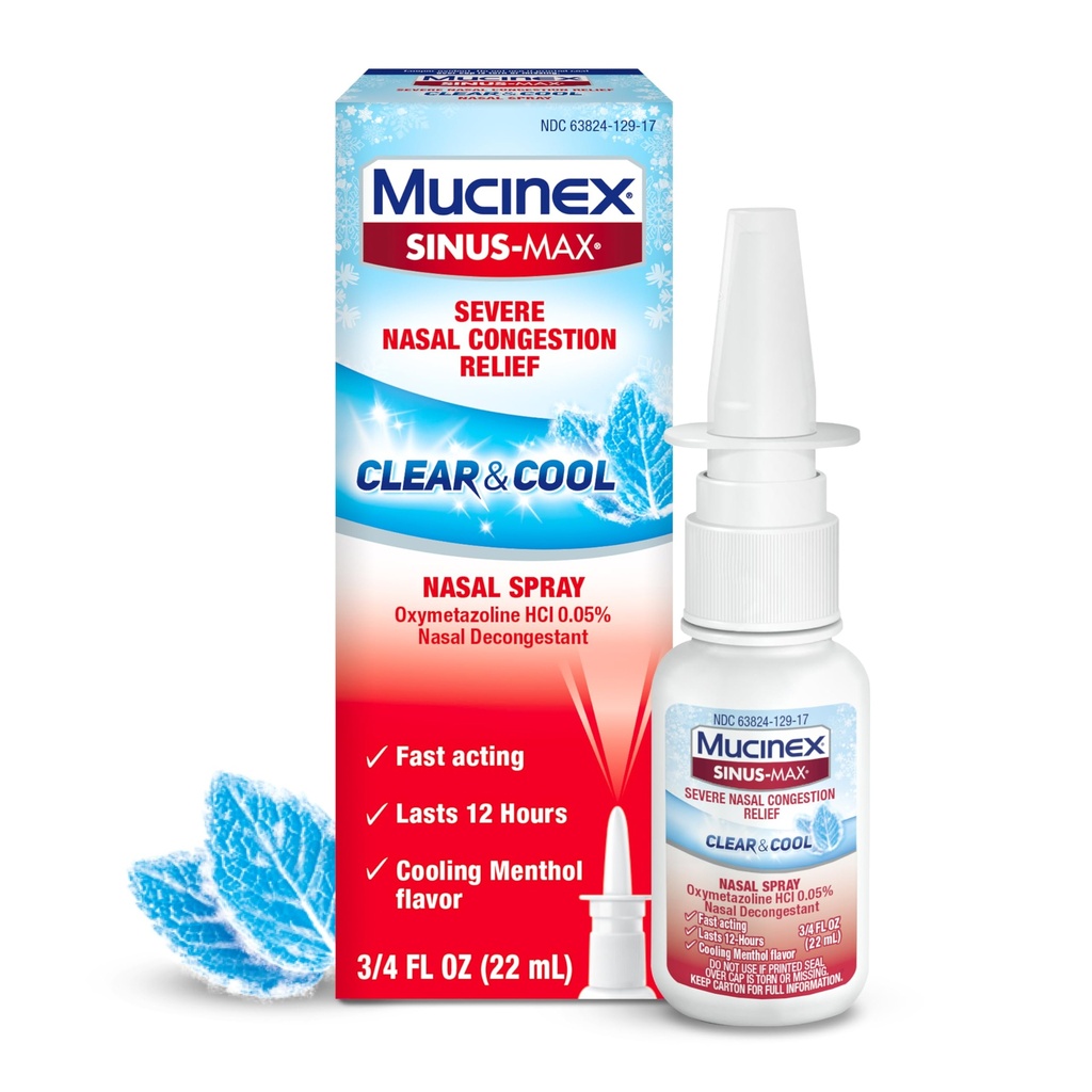 Mucinex Sinus- Max Nasal Spray Decongestant, 12 timers Over- The- Counter Medication Næse Spray til Sinus Relief, Nasal Decongestants til voksne & Sinus Congestion, Cooling Menthol, 0,75 Fl Oz