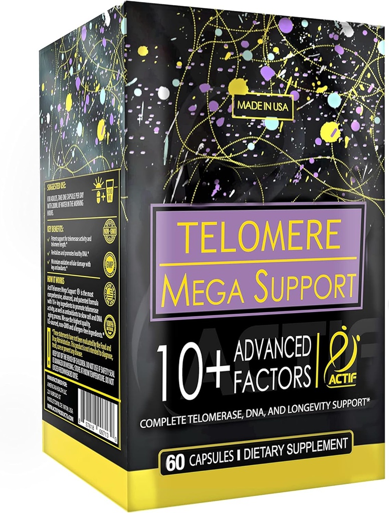 Aktivitet Telomer Mega Support med 10 + Faktorer, Non- GMO, Telomerase og DNA supplement til energi, hukommelse og anti-aging, Made in USA, 60 Greve