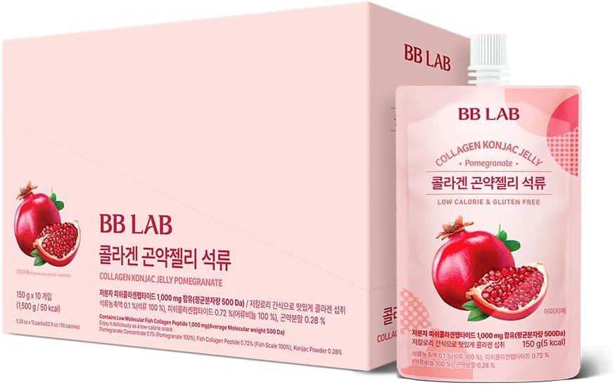 BB LAB Collagen Konjac Jelly, Pomegranat, (10 Pakker / 52,9 oz) - 5 kalorier, sukkerfri, Fish Collagen Peptide 1. 000 mg, Lav carb / Drinkable Zero Sugar Jelly Dessert, Dietary Fiber, Glutenfri