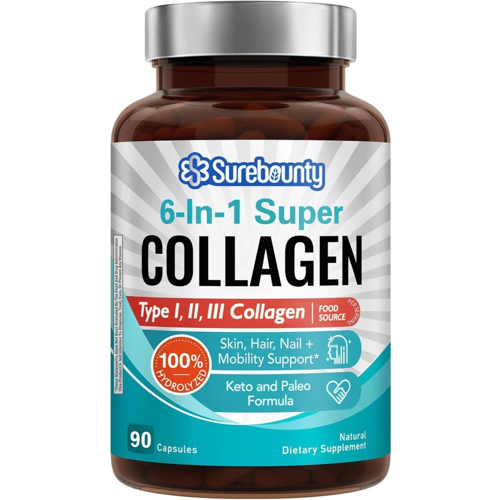 Multi Collagen Complex, Type I, II, III, 6-in-1 Super Collagen med C-vitamin, Hyaluronsyre, Biotin, gurkemeje, sort pepper, Keto, 90 Kapsler