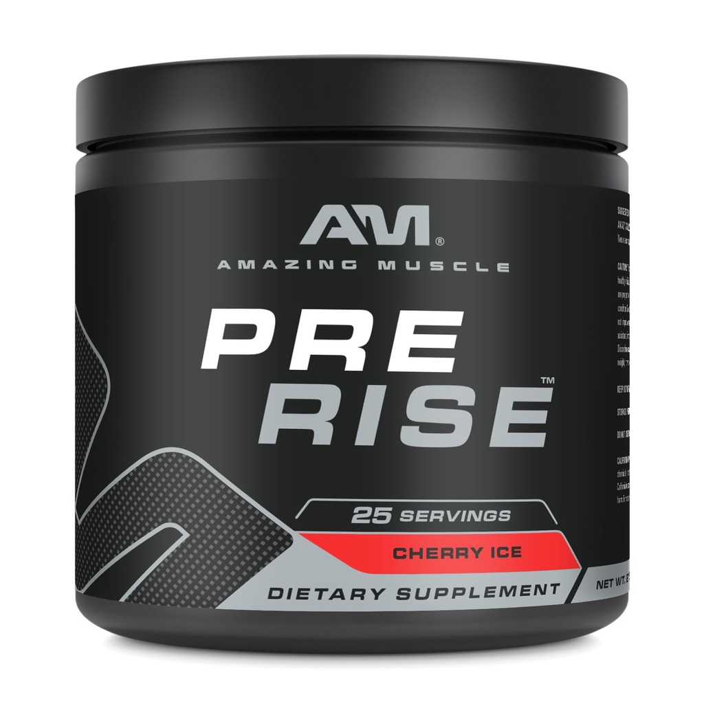 Amazing Muscle Pre Rise Budd124; Pre-Workout Powder supplement med Koffein & Beta-alanine til mænd & kvinder Budd124; 25 Servering (25 Servere, Cherry Ice)