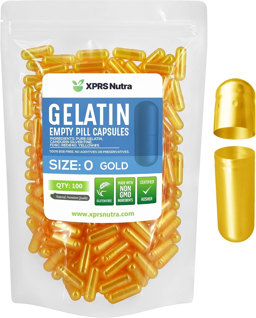 XPRS Nutra Size 0 Empty Capsules - 100 Count Empty Gelatin Capsules - Pill DIY Capsule Filling - Pure Bovine Pill Gel Caps for Do-It-Yourself Supplements (Gold)