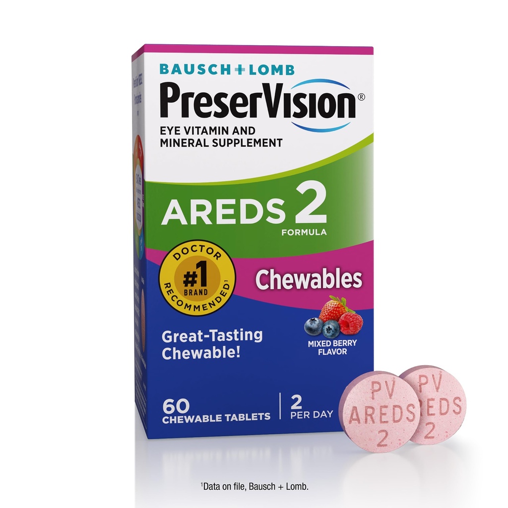 PreserVision AREDS 2 Eye Vitamin, # 1 Eye Doctor Anbefalet Mærke, Chewable Lutein og Zeaxanthin Supplement med C-vitamin, E-vitamin, zink og kobber, blandet berry, 60 tabletter
