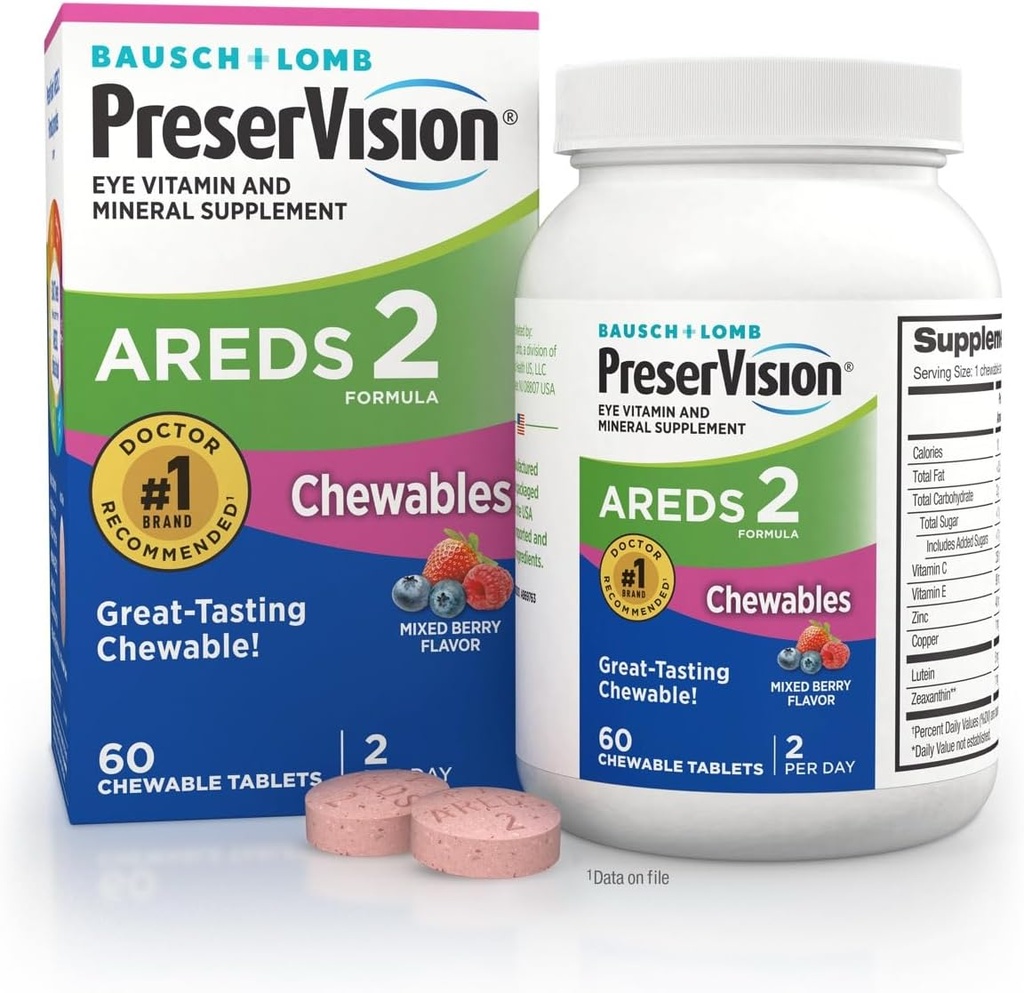 PreserVision AREDS 2 Eye Vitamin, # 1 Eye Doctor Anbefalet Mærke, Chewable Lutein og Zeaxanthin Supplement med C-vitamin, E-vitamin, zink og kobber, blandet berry, 60 tabletter