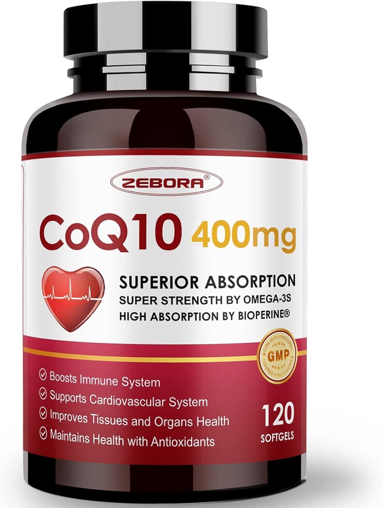 ZEBORA CoQ10- 400mg- Softgel med PQQ, BioPerine & Omega-3, Coenzym Q10 (Ubiquinone) Supplement for High- Absorption, Powerful- Antioxidant, Support Heart & Energi- Production, 120 Servere