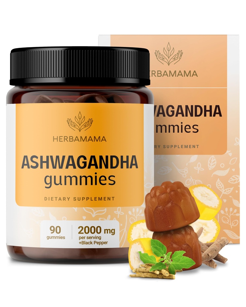 HERBAMAMA Ashwagandha Gummies - 2000mg Pure Ashwagandha Root med sort peber til rolig & Mood Support - Vegan, Non- GMO Calming Kosttilskud til voksne - 90 Pectin- baserede Banana -Flavored Chews
