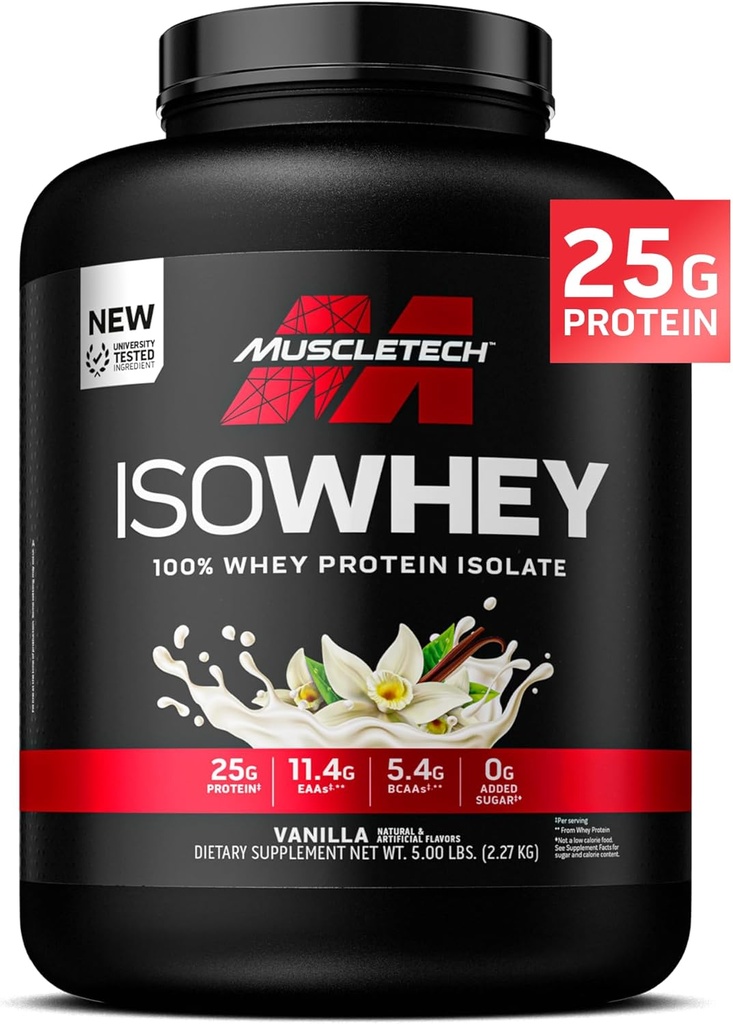 MuscleTech ISO Whey Isolate Protein Powder, Vanilla - Post Workout Gym supplement til Lean Muscle Gain, Body Building Weight Gainer & Recovery - 25g Protein, BCAA, EAA & 0 Tilføjet sukker - 5lbs