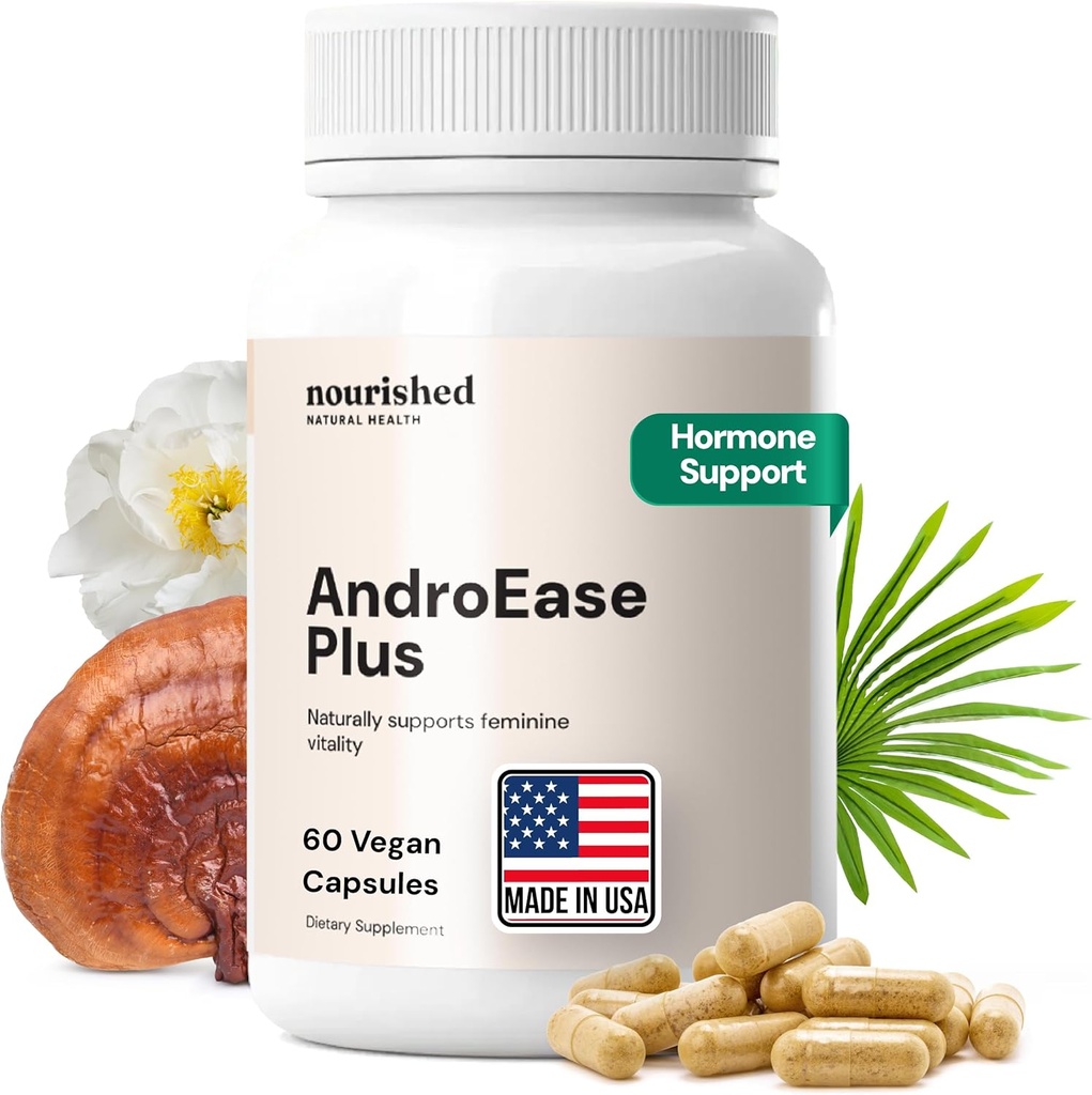 Nourised AndroEase Plus - Vegansk Hormonbalance for kvinder - Zink, Reishi, Green Tea og Saw Palmetto for kvinder - for energi, Vitality, Ansigtshår og daglig wellness - 60 kapsler, Made in USA