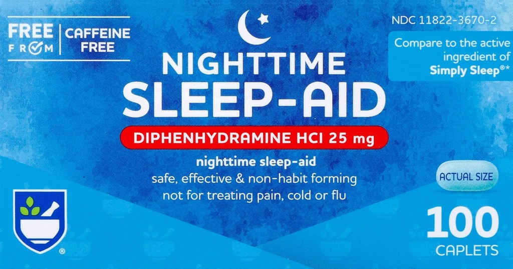 Rite Aid Nighttime Sleep Aid Diphenhydramin HCI 25 mg, 100 Mini Caplets ttesmå 124; Non-Habit Danning Sleep Support 124; Best Sleep Aid for Insomnia • 124; Insomnia Relief og Angst Relief poster Naturlig Sleep Aid