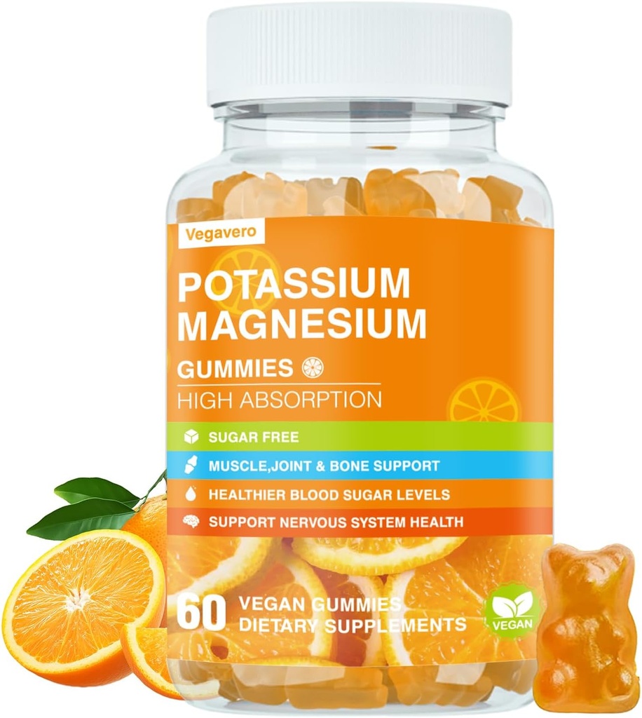 Kalium Magnesium Gummier - Høj Absorption Magnesium Glycinat & Kalium Citrat Plus Coenzym Q10, DHA, D3, Mineral & Calcium til Zzz, Leg Cramp & Muscle - 60 Orange Gummies