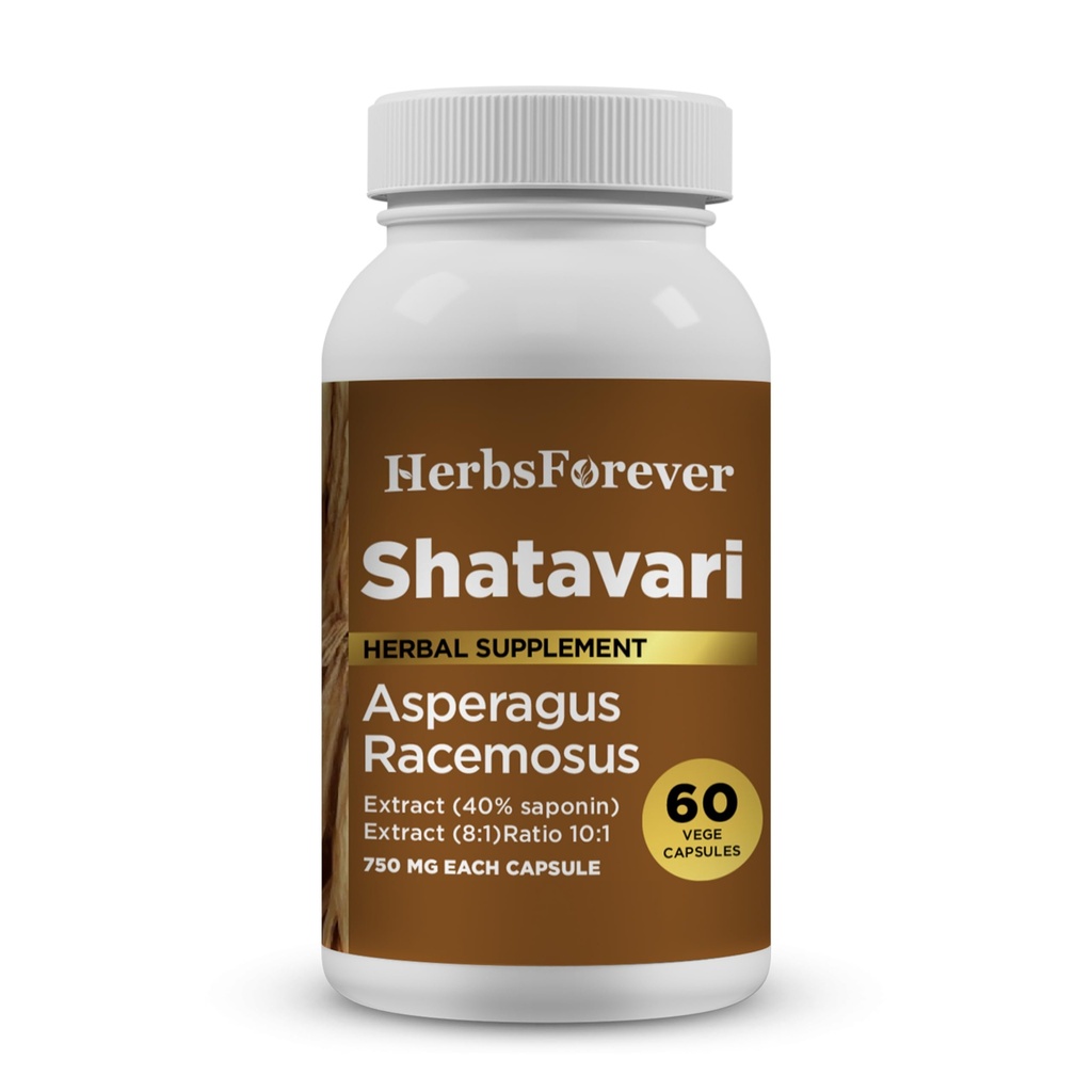 Herbsforever Shatavari Capsules Premium Asparagus Racemosus Supplement 40% Saponins 750 mg højpotens Formel - 60 Vegetariske Capsules Herbal Wellness & Balance Support Non- GMO