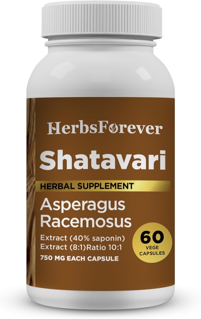 Herbsforever Shatavari Capsules Premium Asparagus Racemosus Supplement 40% Saponins 750 mg højpotens Formel - 60 Vegetariske Capsules Herbal Wellness & Balance Support Non- GMO