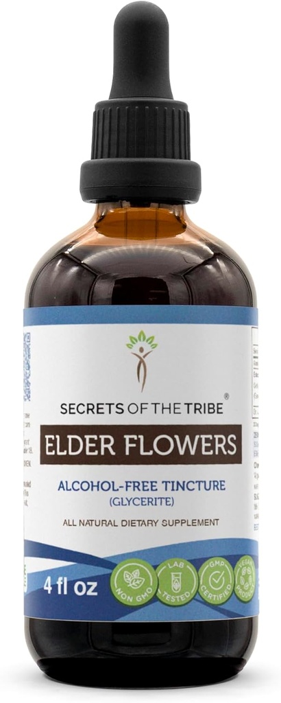 Hemmeligheder af Tribe Ældre blomster Alkohol- Free Tincture Liquid Extract, Ældre blomster (Sambucus Nigra) Tørrede blomster (4 fl oz)