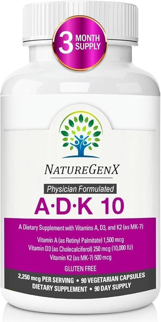 ADK10 - ADK vitamintilskud: 124; højpotens Vitamin A, D3 (10. 000 IE) & K2 MK- 7 for ben, hjerte & immunforsvar: 124; 90 små kapsler: 124; 3 måneder Tilførsel: 124; non- GMO, gluten fri