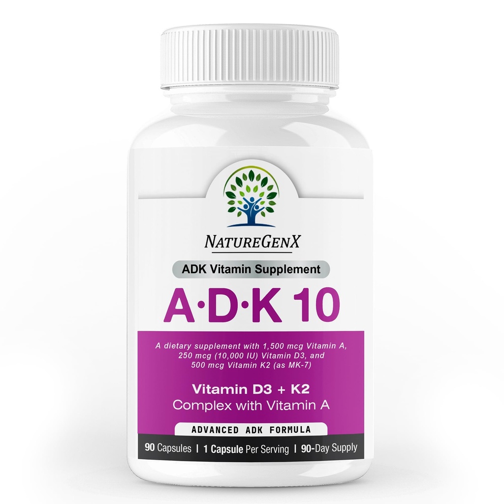 ADK10 - ADK vitamintilskud: 124; højpotens Vitamin A, D3 (10. 000 IE) & K2 MK- 7 for ben, hjerte & immunforsvar: 124; 90 små kapsler: 124; 3 måneder Tilførsel: 124; non- GMO, gluten fri