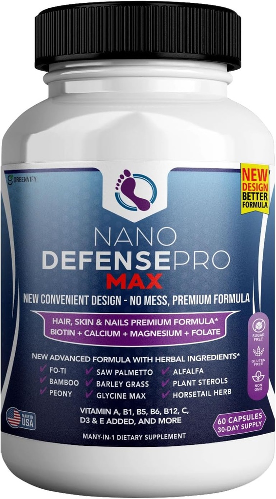 Nano Defense Pro Max Hair Skin and Nails Supplement, Biotin Calcium Magnesium Complex, 60 Capsules, 30-Day Supply (1)