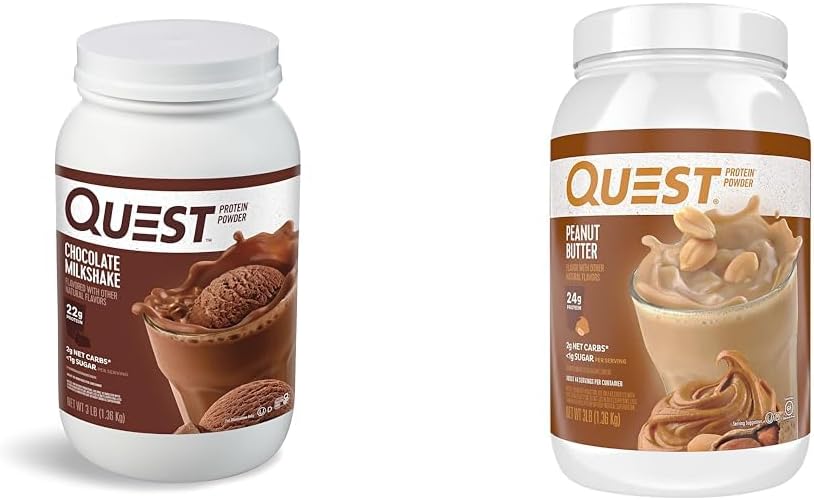 Quest Nutrition Chocolate Milkshake Protein Powder, 22g Protein, 1g Sukker, Lav Carb, Gluten Free, 3 Pund, 43 Servere & Jordnøddesmør Protein Powder, 23g Protein, 1g Sukker, Lav Carb, Gluten Free