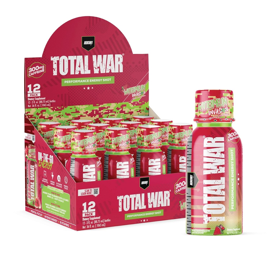 REDCON1 Total War Pre Workout Energy Shots - 300mg Koffein Shots med B Vitaminer & 0 Sukker - Langvarig energi Shot for Focus Support - Brændstof din træning eller arbejdsdag - Vandmelon Invasion (12 Greve)
