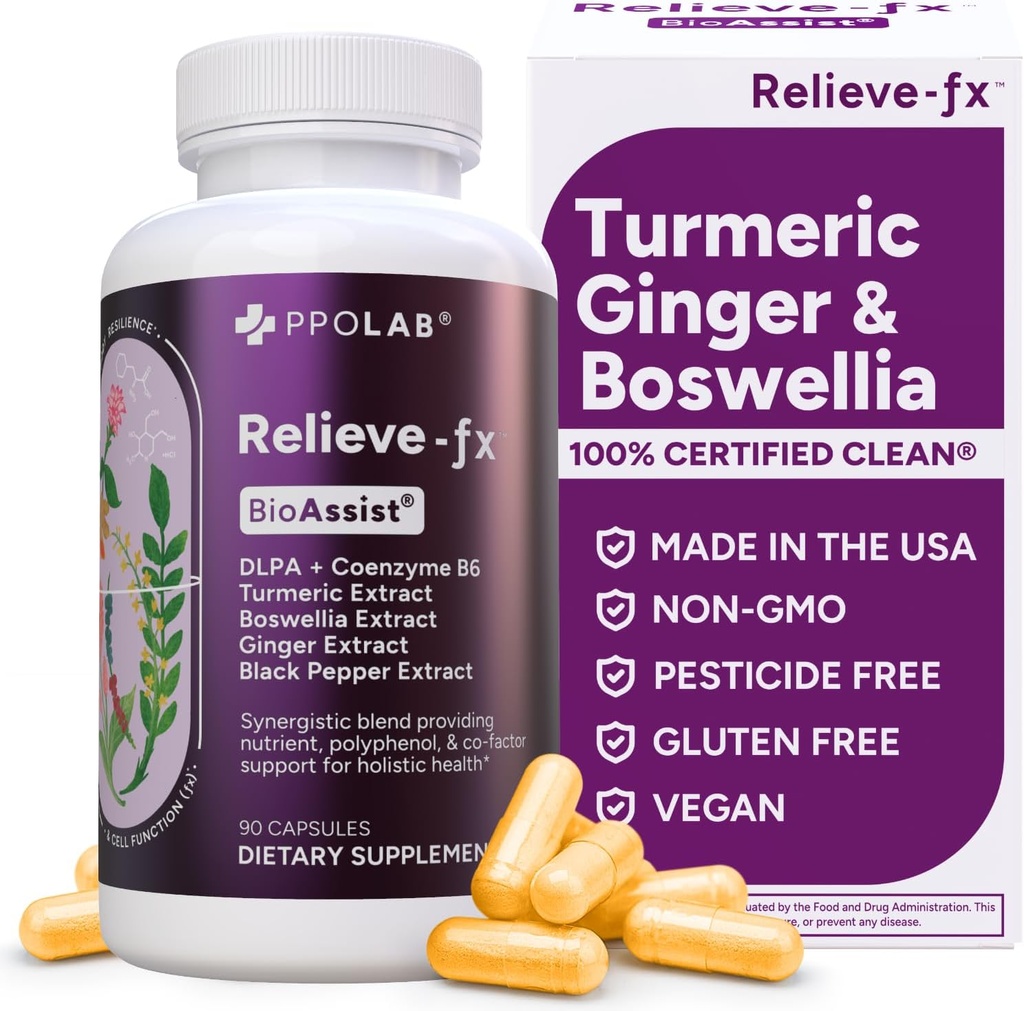 Relieve-fx™ DLPA Boswellia Turmeric and Ginger Supplement, Stress Relief, Heart, Digestion, Muscle Cramp, Joint, Inflammation Health, Vitamin B6 P5P, Boswellic Acid, Curcumin with Black Pepper - 90ct
