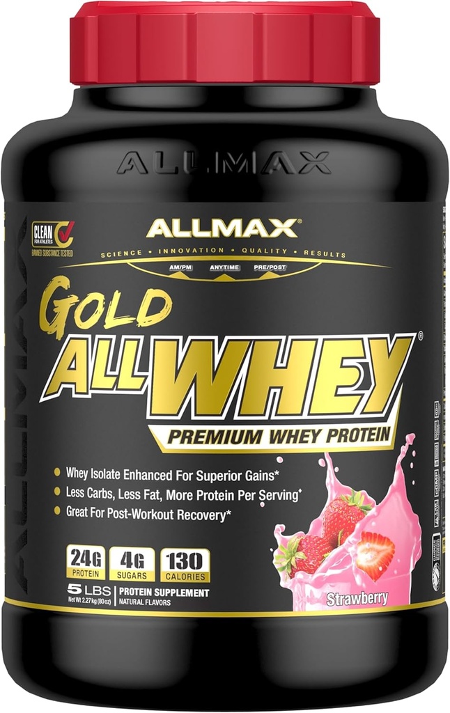 ALLMAX Nutrition - Gold ALLWHEY Protein Powder, Whey Protein Blend for Styrke og Muscle Gains, Post Workout Inddrivelse, Gluten Free, 24 Gram Protein, Jordbær, 5 Pund