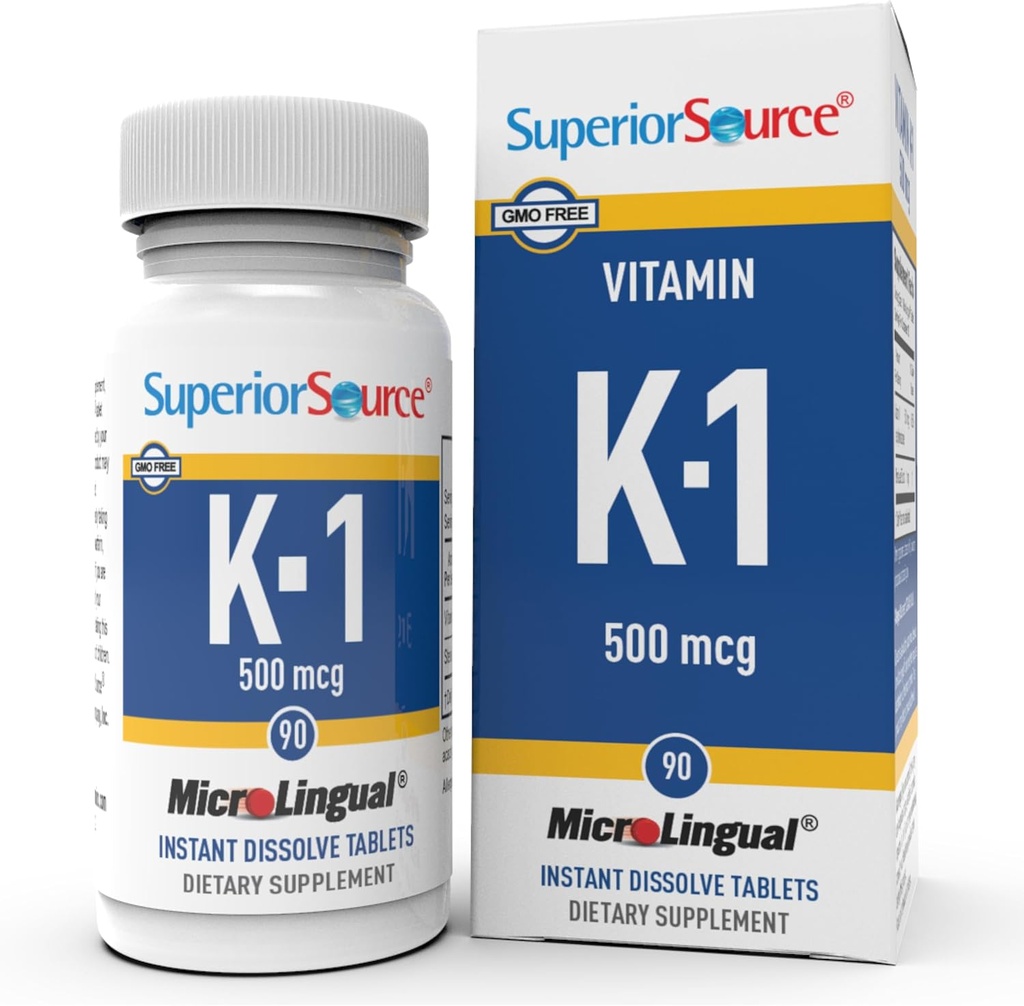 Superior Source Vitamin K1 500 mcg - Bone Strength & Health Support - Vitamin K Supplement Aids Blood Health & Calcium Absorption - 100 Sublingual Opløsning Tablets