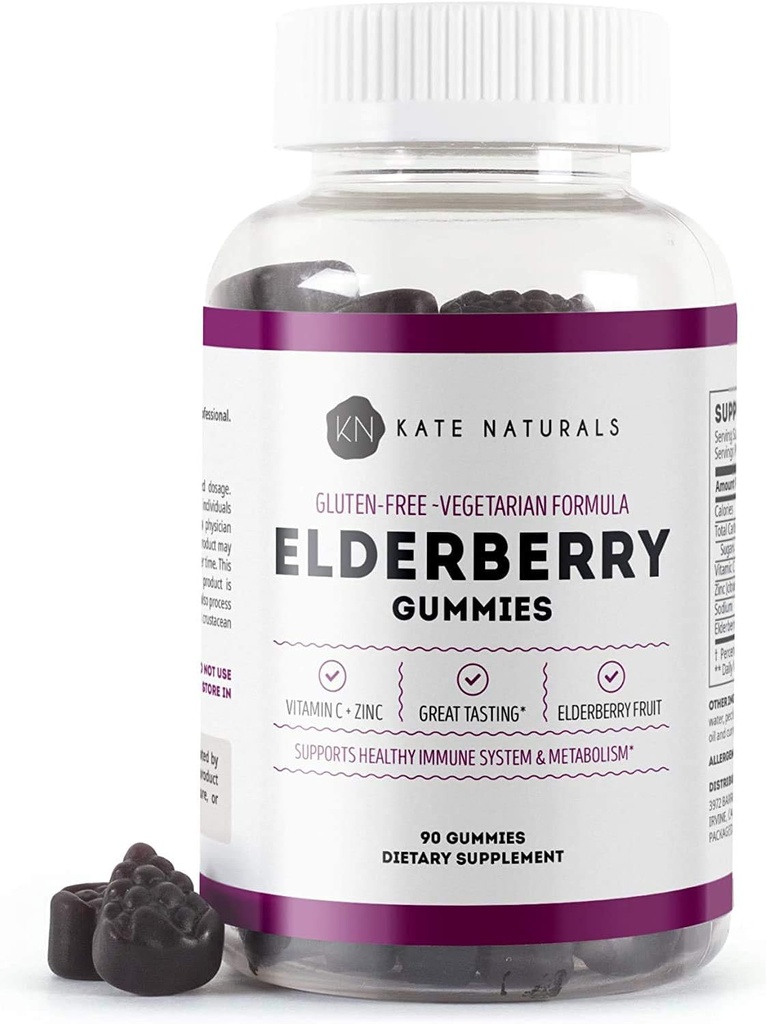 Kate Naturals Elderberry Gummies med C-vitamin og zink til voksne og børn. Tasty Sambucus Elderberry Gummies for immunsupport (90 Gummies, 45 Day Supply)