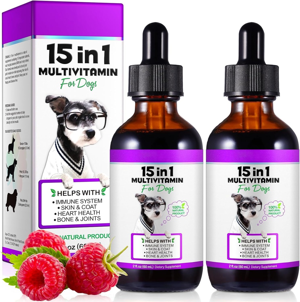 Hund Multivitamin, 15 i 1 Hund Multivitamin Liquid Drops Kosttilskud, Hund Vitaminer for Heart Health, Bones, Joint, Hud & Coat, Bstige, Immunsystemet Support 60ml-2pcs