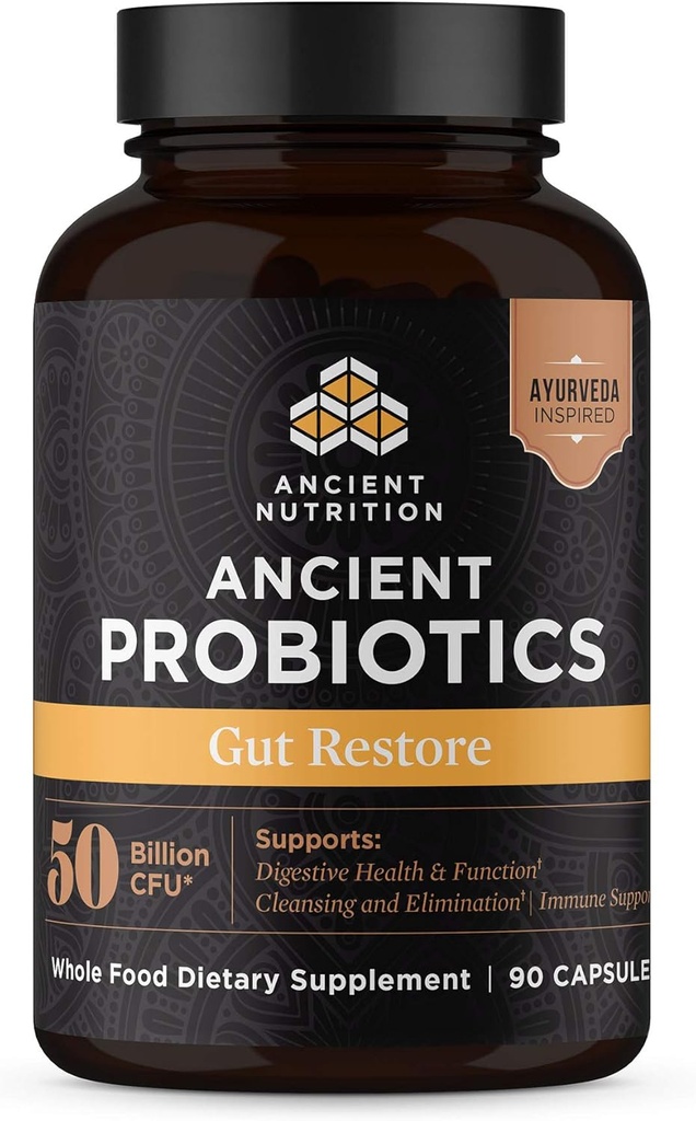 Ancient Nutrition Probiotika, Gut Gendanne 90ct med Ginger og Bukkehorn, Understøtter fordøjelsesfunktioner, Reducerer Diarré, Forstoppelse, Gas og Bloating, Superfoods Blend, 50 Millioner CFU * / Servering
