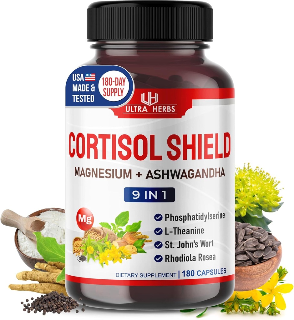CORTISOL Shield 9-in-1 -Magnesium + Ashwagandha with Phosphatidylserine, L-Theanine, St. John's Wort, Rhodiola Rosea - Relaxation Support, Hormone Balance - USA Made (180 Count (Pack of 1))