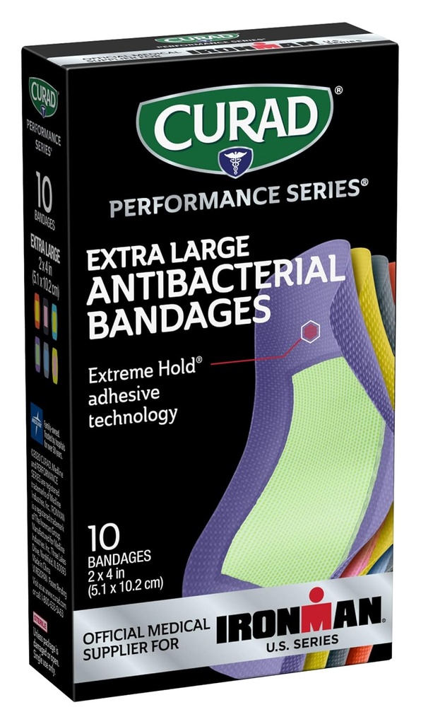 CURAD Performance Series IRONMAN Antibakterielle Bandages, Extreme Hold Adhesive Technology, Ekstra store Fleksible Bandages for Cuts, Scrapes, & Burns, Assorterede Farver, 2 x 4 inches, 10 Greve