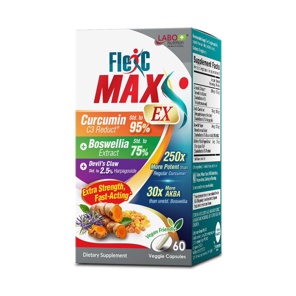 Labo Nutrition FlexC MAX EX med gurkemeje C3 Retual 95% Tetrahydrocurcuminoids, Bioperine, Boswellia Extract & Devil 's Claw, Effektiv antioxidering, Fælles & Kropskomfort Relief