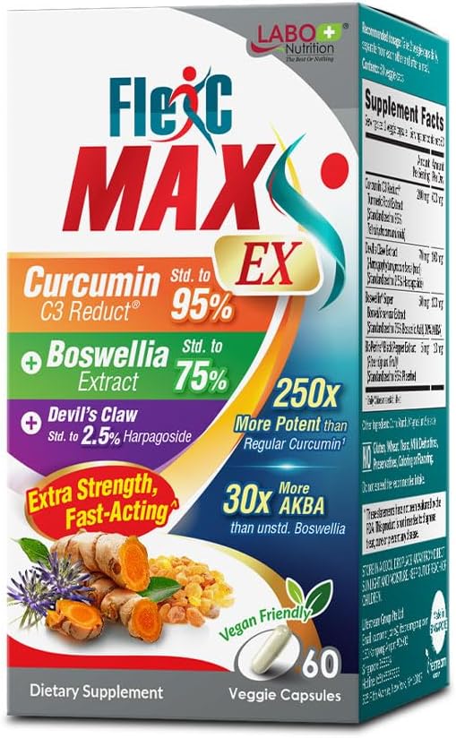 Labo Nutrition FlexC MAX EX med gurkemeje C3 Retual 95% Tetrahydrocurcuminoids, Bioperine, Boswellia Extract & Devil 's Claw, Effektiv antioxidering, Fælles & Kropskomfort Relief