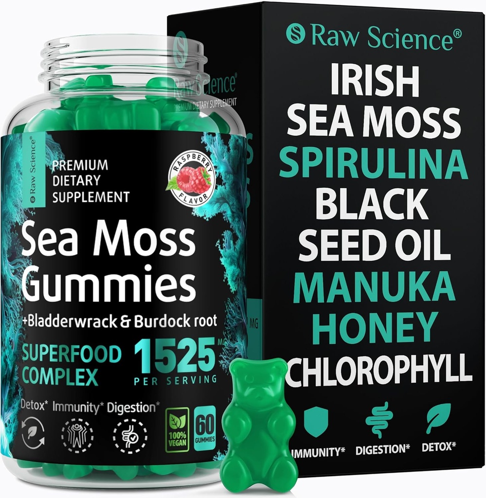 Irish Sea Moss Gummies - Detox & Thyroid Support for Women & Men - Black Seed Oil, Manuka Honey, Fenugreek, Chlorophyll: Immunstøtte, Immunity Supplement - Burdock Root, Bladderwrack - 60 Gummies