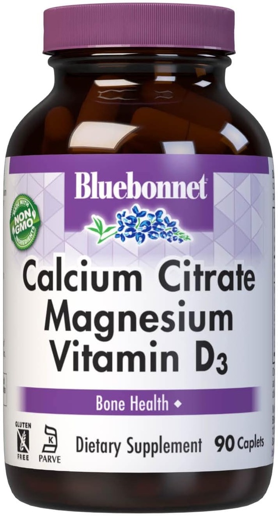 Bluebonnet Nutrition Calcium Citrat Magnesium Plus D3-vitaminkapsler, Knogle- og muskelafslapning, Non GMO, Gluten, Soy & Milk Free, Kosher, White, 90 Greve