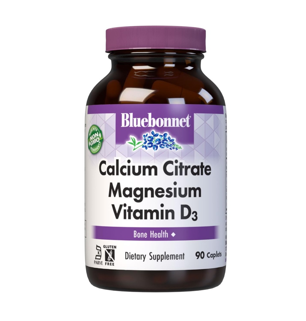 Bluebonnet Nutrition Calcium Citrate Magnesium Plus Vitamin D3 Caplets, Bone Health & Muscle Relaxation, Non GMO, Gluten, Soy & Milk Free, Kosher, White, 90 Count