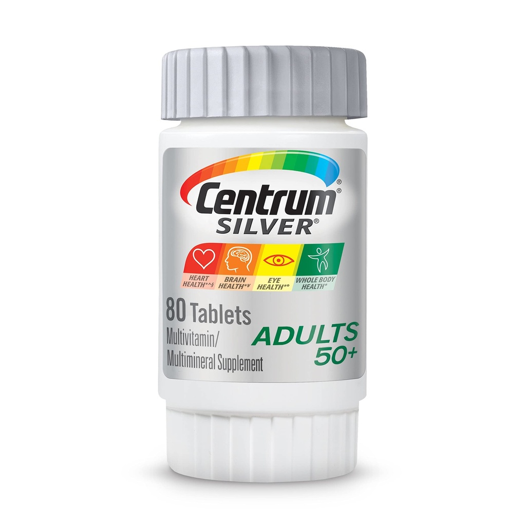 Centrum sølv Multivitamin til voksne 50 Plus, Multivitamin / multimineral supplement, vitamin D3, B-vitaminer, gluten fri, non-GMO ingredienser, understøtter hukommelse og kognition hos ældre voksne - 80 Ct