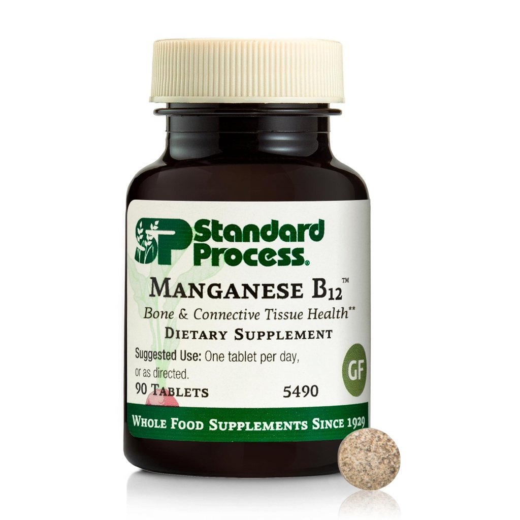 Standard Process Manganese B12 - Understøtter Bone & Connective Tissue Health - Hæmoglobin Formation Support - Gluten- Free, Non- Dairy & Non- Soy - 90 tabletter (90 Servere)