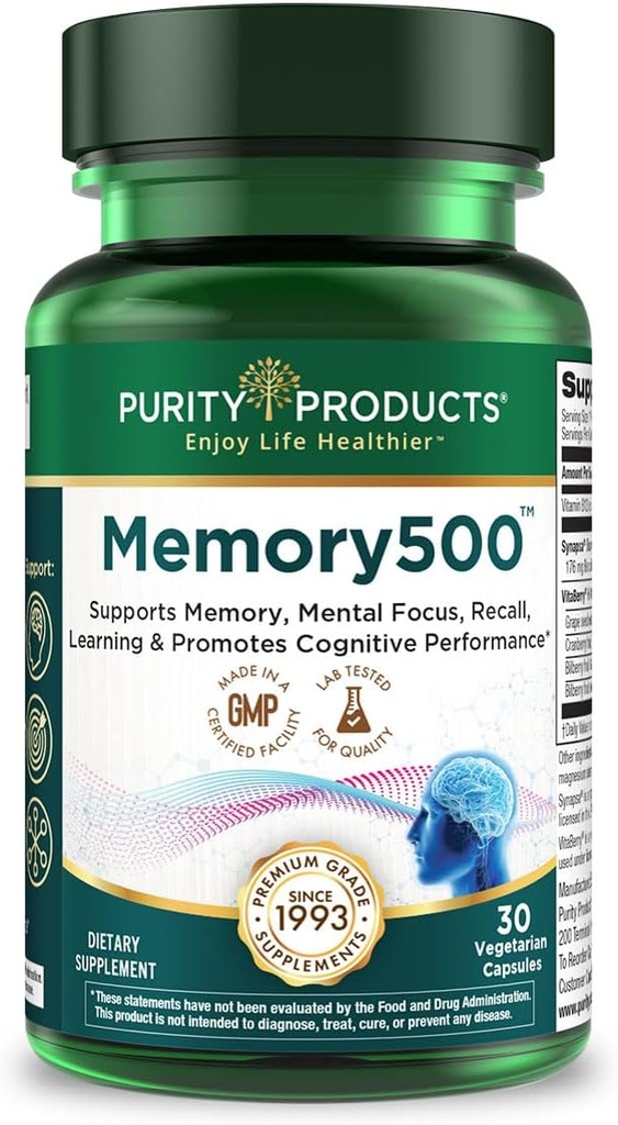 Renhed Produkter Memory500 Bacopa monniera / Brahmi Elite Nootrop Complex - Understøtter Peak Cognitive Performance *, øget læringshastighed * og sund hukommelse og recall * - 30 Vegetariske Caps