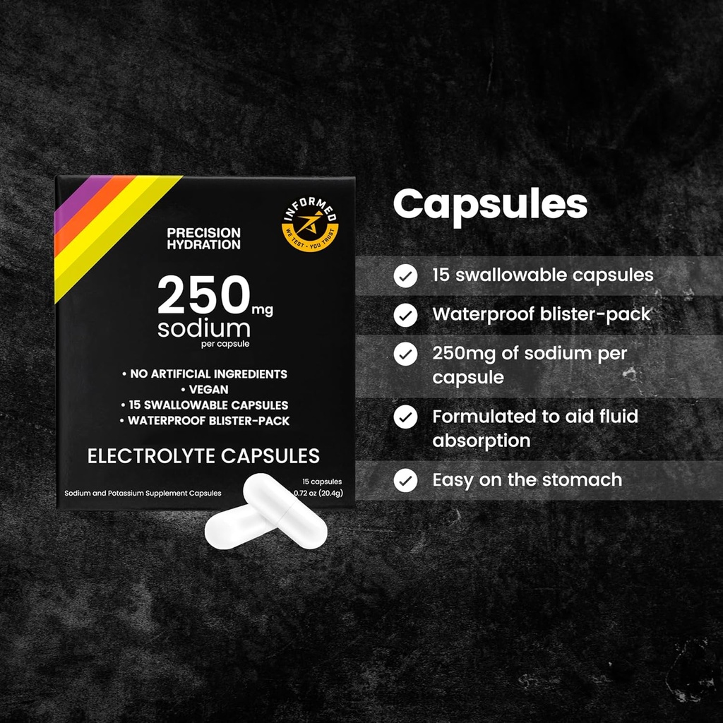 Precision Hydration Electrolyte Capsules - 15 Blister Packed (Waterproof) / Salt Capsules - Combat Cramp - No Artificial Ingredients, Digestion-Friendly Formula - Gluten Free,Vegan Friendly (1-Pack)