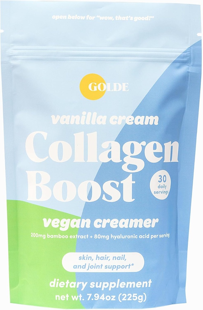 GOLDE - Collagen Boost Vegan Creamer - Vanilla Cream - Plant Based Collagen Supplement w/Hyaluronic Acid, Biotin, & Bamboo Extract - Supports Hair, Skin, & Nail Health - 30 Servings